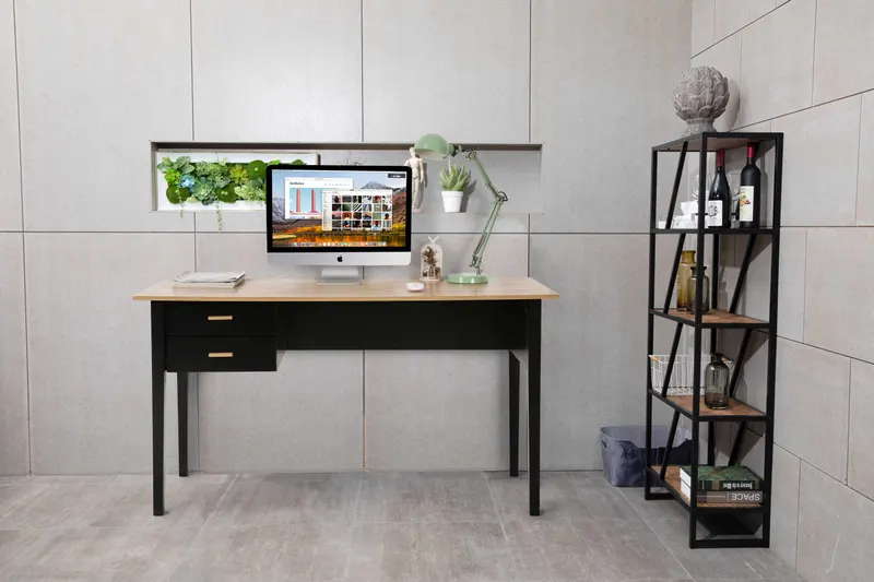 Schreibtisch mit MDF-Dekorplatte, natur und schwarzen Beinen, Ansicht 5