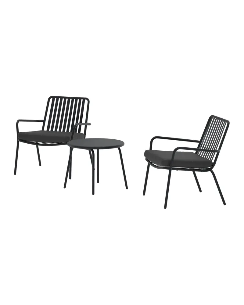 Mykonos Gartenlounge mit zwei Sesseln und rundem Tisch in Schwarz, Ansicht 1