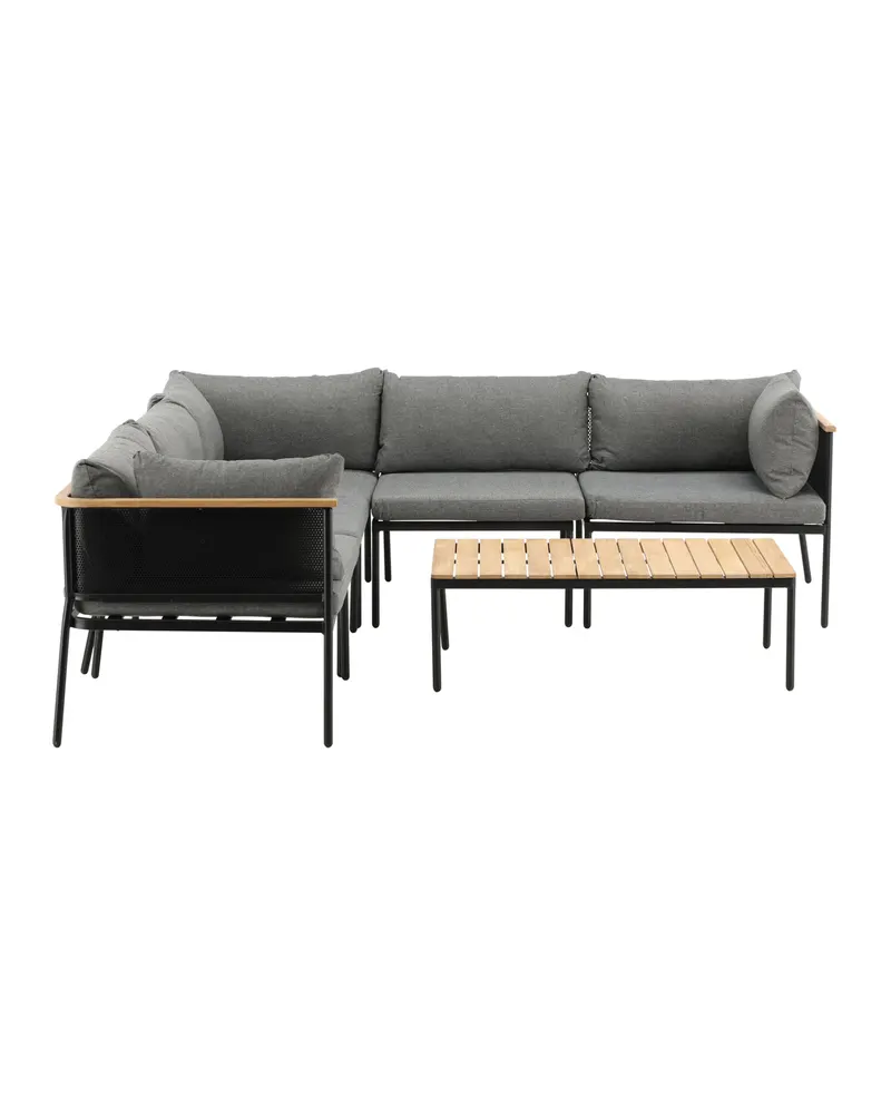 Nettan Gartenlounge mit Modul-Ecksofa und Couchtisch mit Teakplatte, Natur, Grau