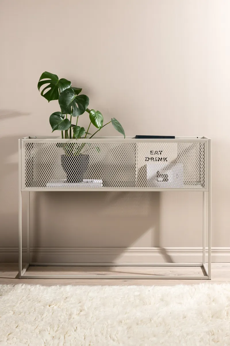 Netz Regal mit Gitterablage auf schlanken Beinen in Beige mit Blumenmuster, Gestell Beige, im Wohnraum, Ansicht 3