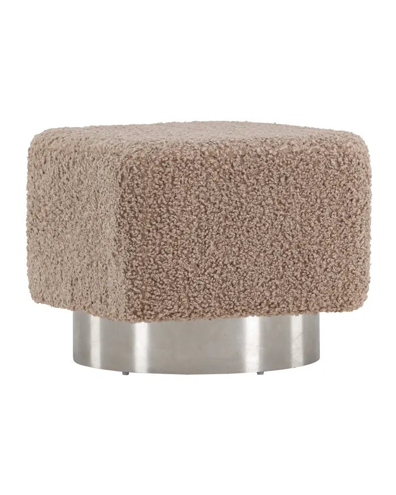 Newton Hocker mit silbernem Stahlsockel in Braun, Gestell Silber, Polyester-Teddystoff, Ansicht 2