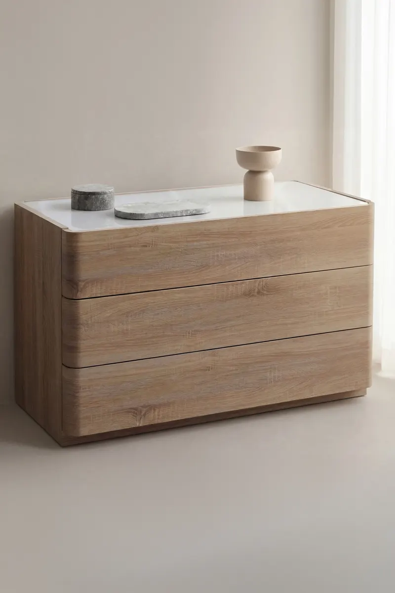 Noble Kommode mit gerundeten Seitenkanten in 100 × 48 × 60 cm, Natur, im Wohnraum, Ansicht 2