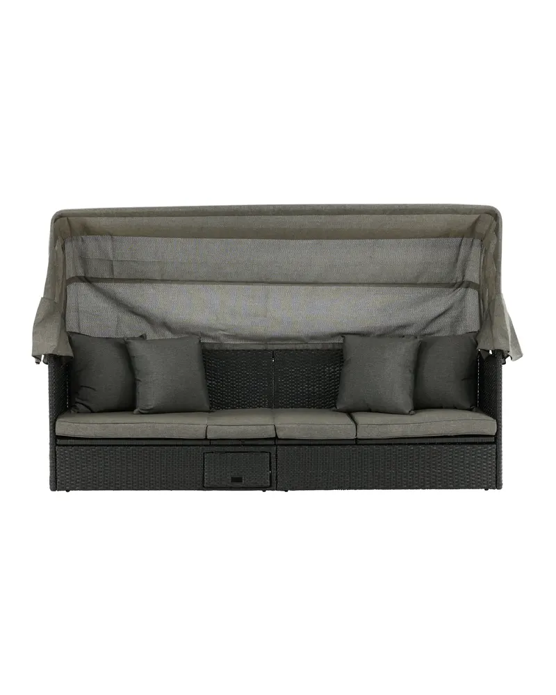 Nopy Sonnenliege mit Sonnendach und Kissen aus Polyrattan, Grau, Gestell Schwarz