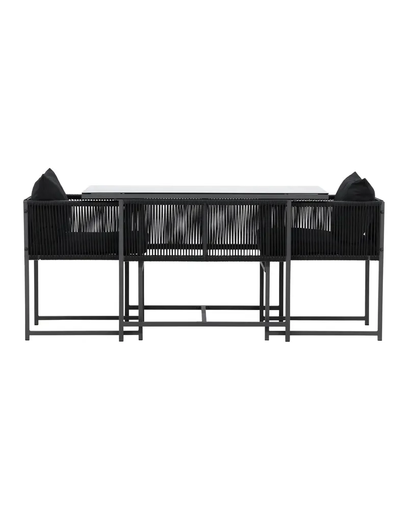 Noto Balkonmöbel-Set mit 120-cm-Glastisch und Armlehnstühlen, Schwarz
