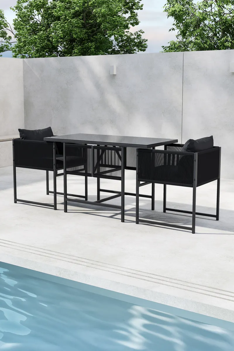 Noto Balkonmöbel-Set mit Glastisch und zwei Armlehnstühlen, im Wohnraum, Ansicht 1