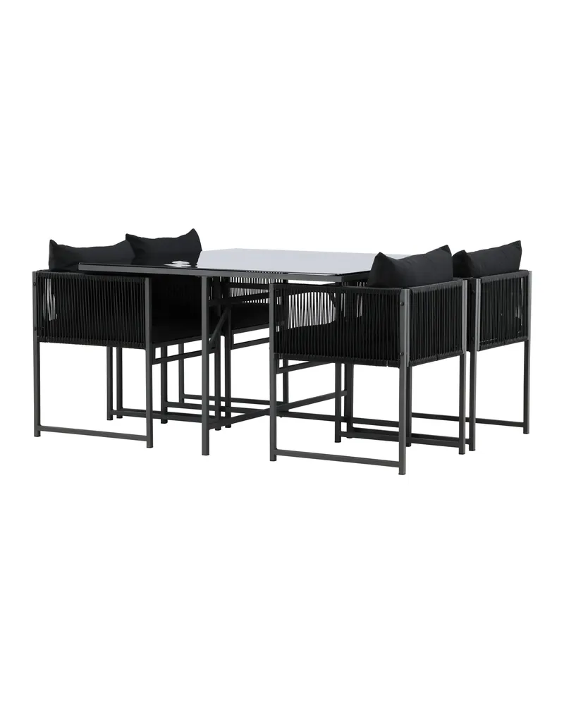 Noto Gartenmöbel-Set mit quadratischem Glastisch und 4 Armlehnstühlen, Ansicht 3