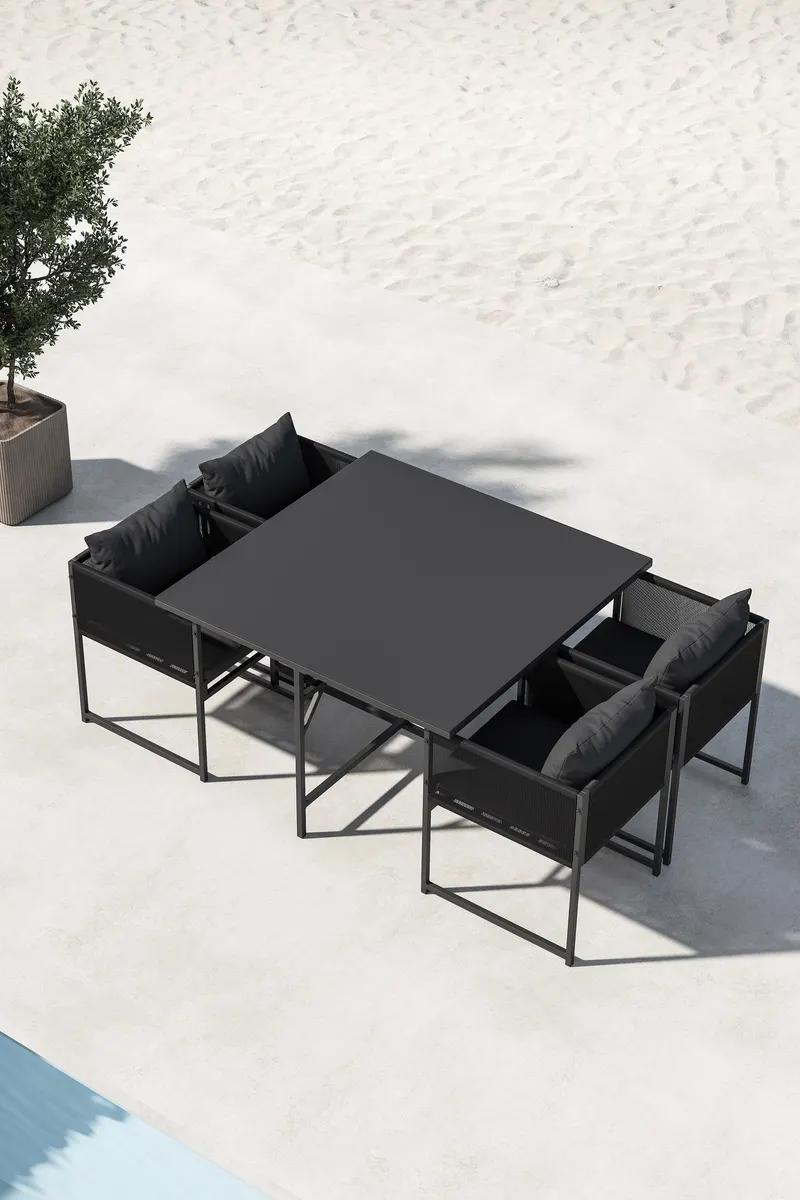 Noto Gartenmöbel-Set mit quadratischem Glastisch und 4 Armlehnstühlen, im Wohnraum, Ansicht 1