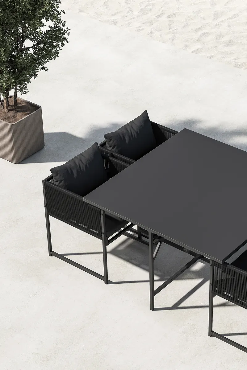 Noto Gartenmöbel-Set mit quadratischem Glastisch und 4 Armlehnstühlen, im Wohnraum, Ansicht 2