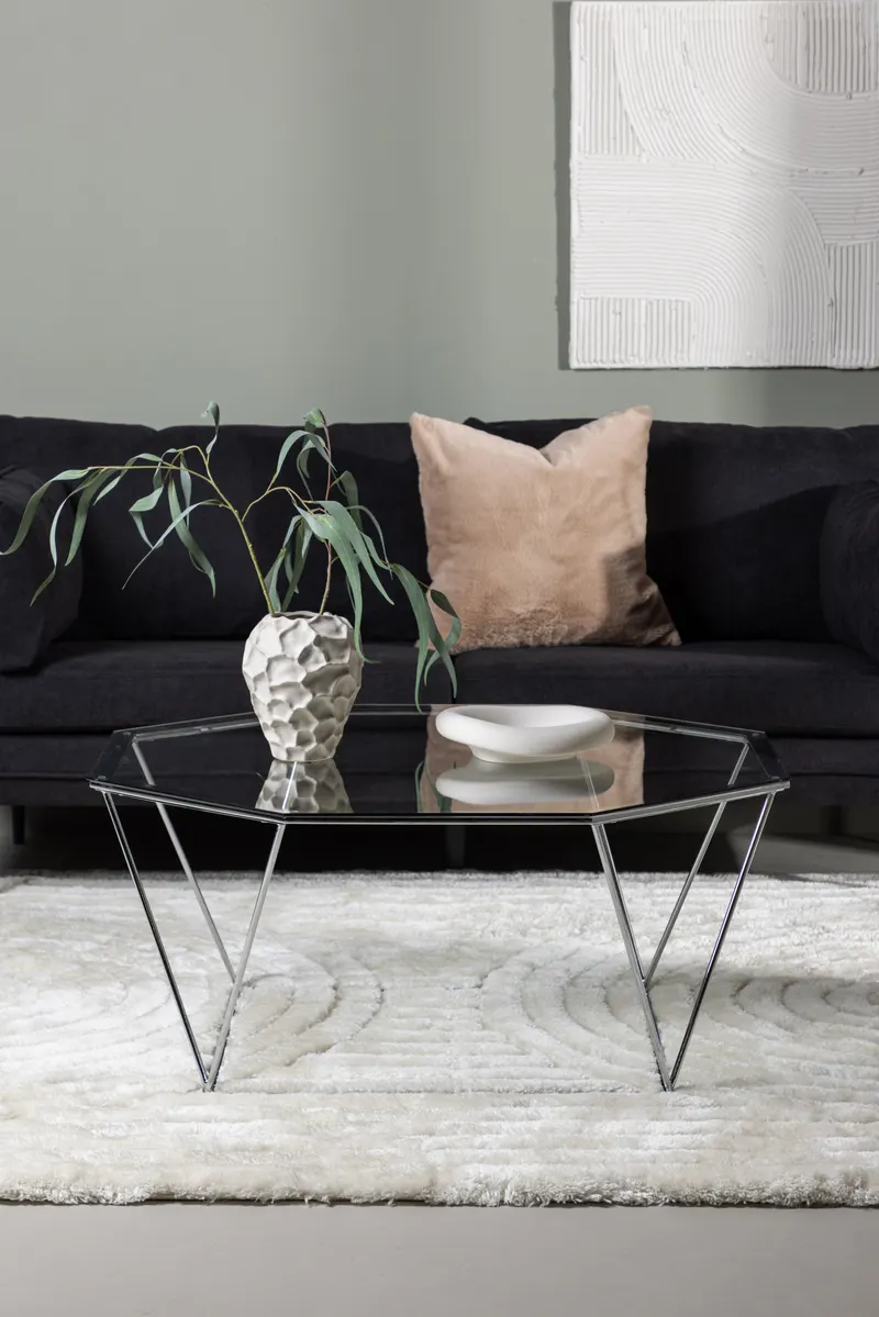 Österlen runder Couchtisch aus Glas mit Stahlgestell, im Wohnraum, Ansicht 1
