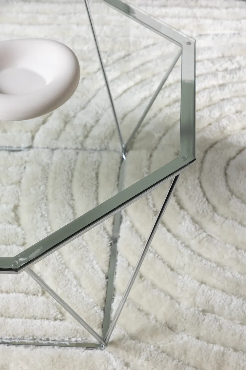 Österlen runder Couchtisch aus Glas mit Stahlgestell, im Wohnraum, Ansicht 2