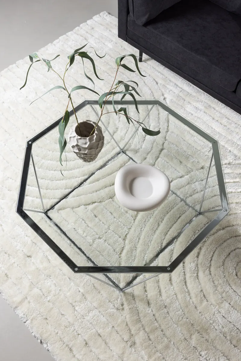 Österlen runder Couchtisch aus Glas mit Stahlgestell, im Wohnraum, Ansicht 4