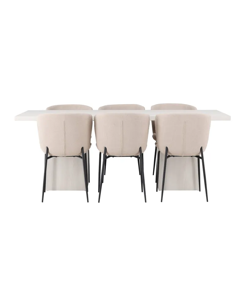 Olga & Modesto Essgruppe mit weißem Esstisch und 6 Bouclé-Stühlen in Beige, Gestell Schwarz, Ansicht 2