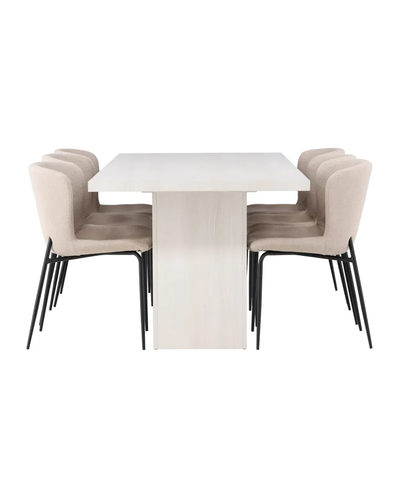Olga & Modesto Essgruppe mit weißem Esstisch und 6 Bouclé-Stühlen in Beige, Gestell Schwarz, Ansicht 3