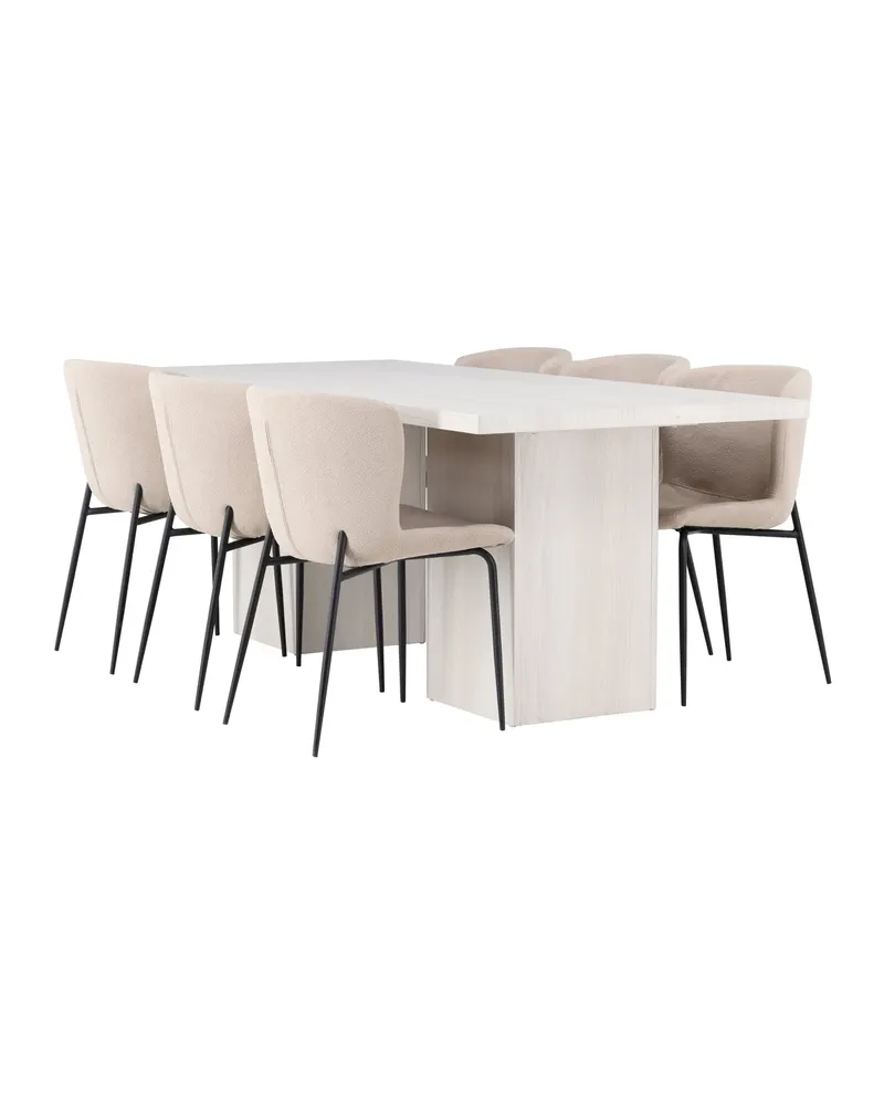 Olga & Modesto Essgruppe mit weißem Esstisch und 6 Bouclé-Stühlen in Beige, Gestell Schwarz, Ansicht 4