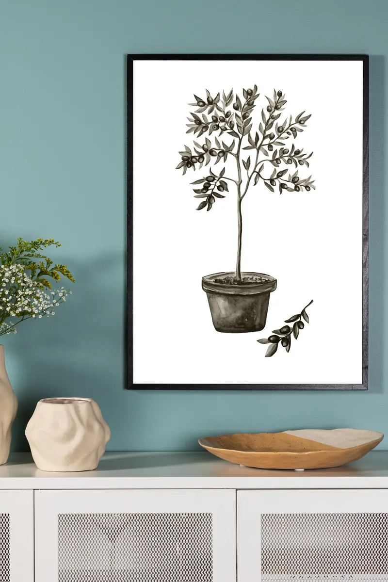 Olive Poster mit Olivenbaum im Topf in 40 × 30 cm, im Wohnraum, Ansicht 1