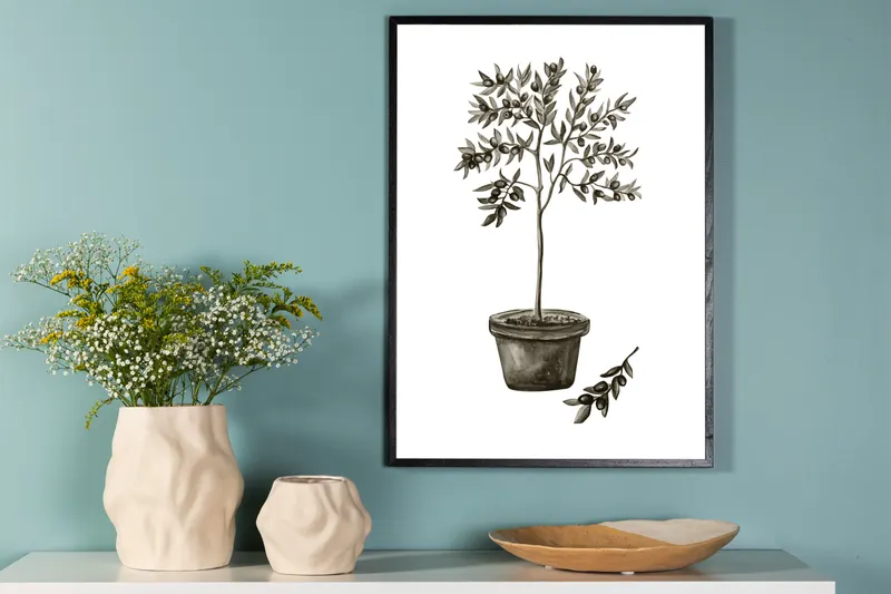 Olive Poster mit Olivenbaum im Topf in 70 × 50 cm, im Wohnraum, Ansicht 2