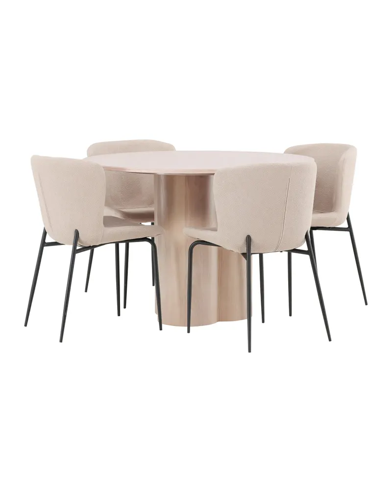 Olivia & Modesto Essgruppe mit rundem Esstisch und 4 Bouclé-Stühlen in Whitewash, Beige, Gestell Schwarz, Ansicht 8