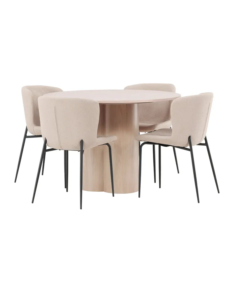Olivia & Modesto Essgruppe mit rundem Esstisch und 4 Bouclé-Stühlen in Whitewash, Beige, Gestell Schwarz, Ansicht 10