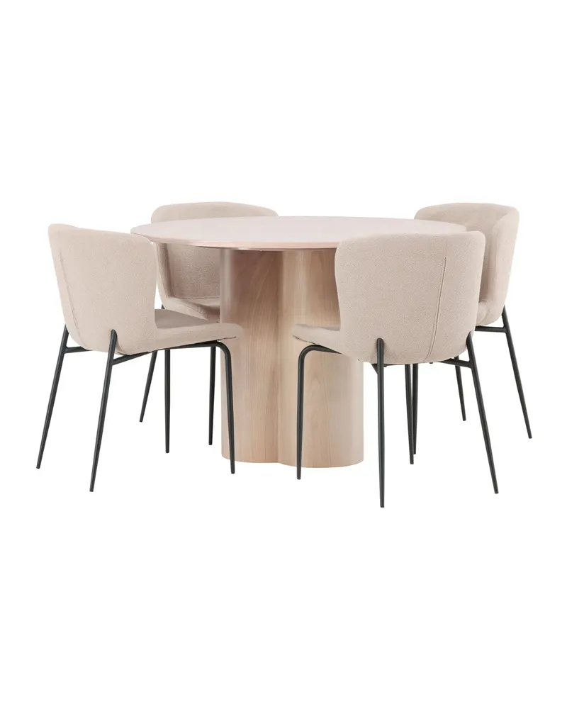 Olivia & Modesto Essgruppe mit rundem Esstisch und 4 Bouclé-Stühlen in Whitewash, Beige, Gestell Schwarz, Ansicht 12