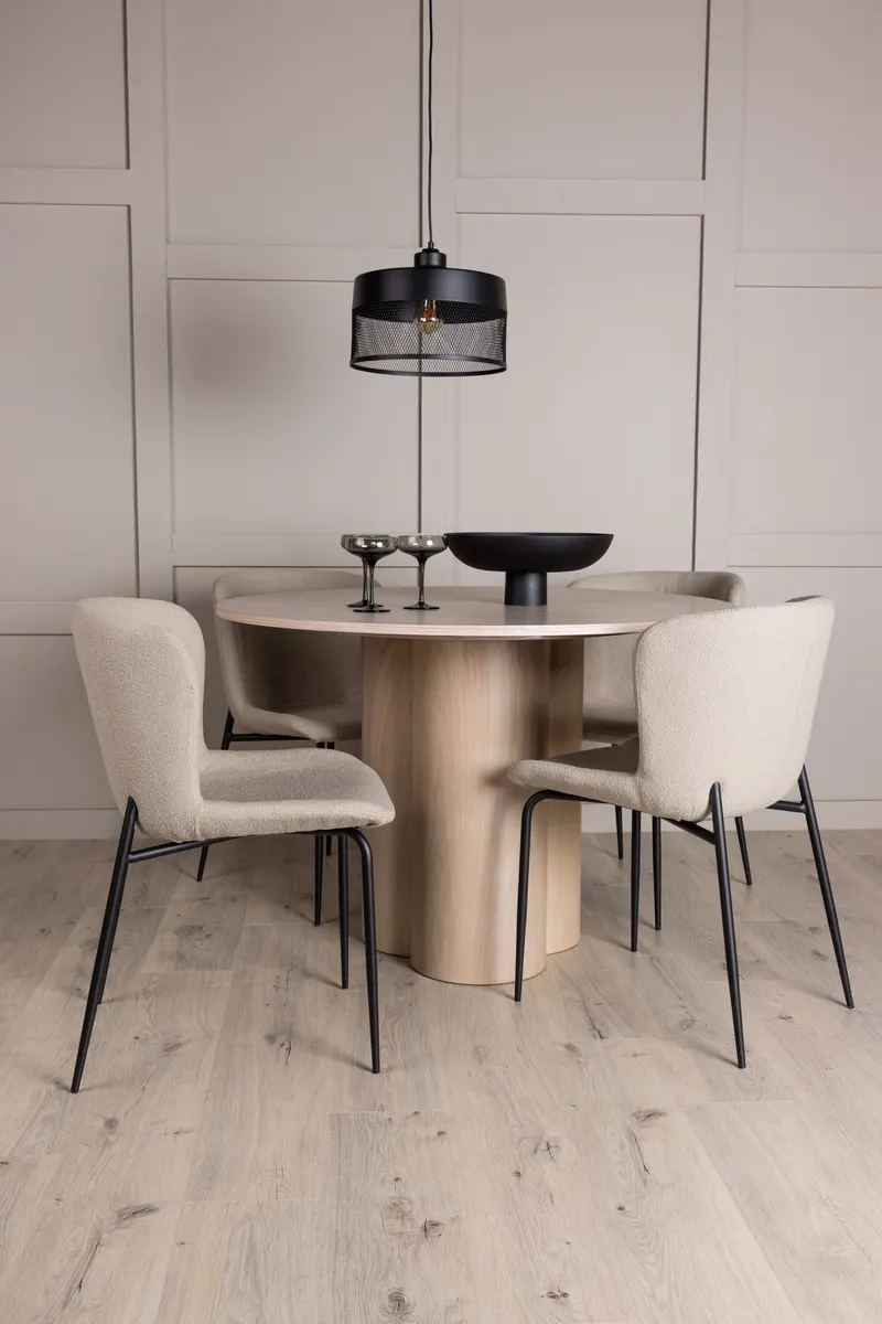 Olivia & Modesto Essgruppe mit rundem Esstisch und 4 Bouclé-Stühlen in Whitewash, Beige, Gestell Schwarz, im Wohnraum, Ansicht 1