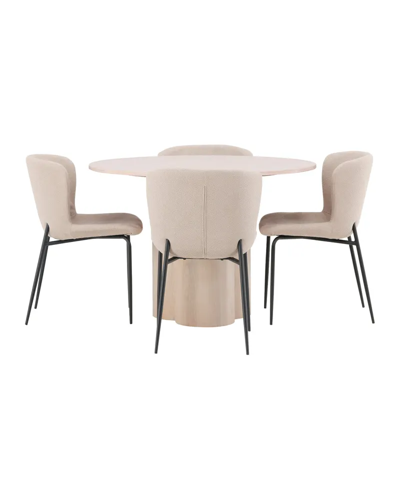 Olivia & Modesto Essgruppe mit rundem Esstisch und 4 Bouclé-Stühlen in Whitewash, Beige, Gestell Schwarz, Ansicht 3