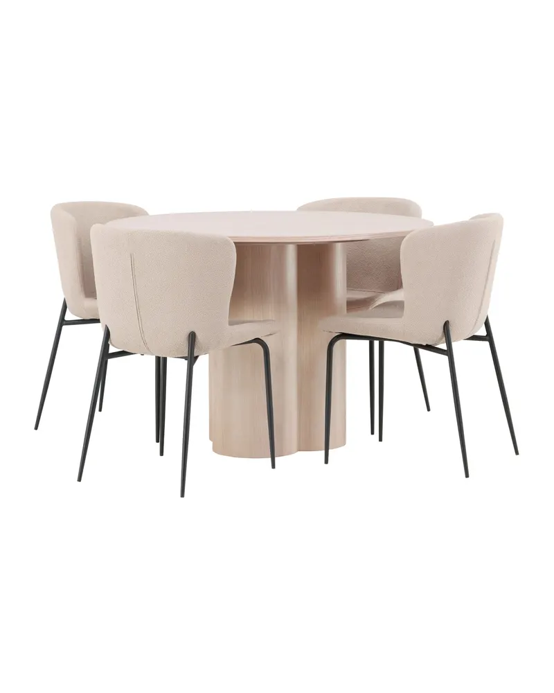 Olivia & Modesto Essgruppe mit rundem Esstisch und 4 Bouclé-Stühlen in Whitewash, Beige, Gestell Schwarz, Ansicht 4