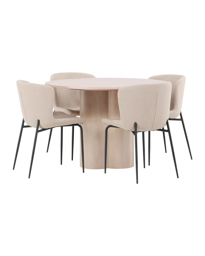Olivia & Modesto Essgruppe mit rundem Esstisch und 4 Bouclé-Stühlen in Whitewash, Beige, Gestell Schwarz, Ansicht 5