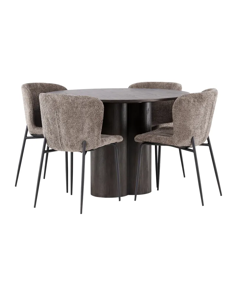 Olivia & Modesto Essgruppe mit rundem Esstisch und 4 Bouclé-Stühlen in Mokka, Beige, Gestell Schwarz, Ansicht 1