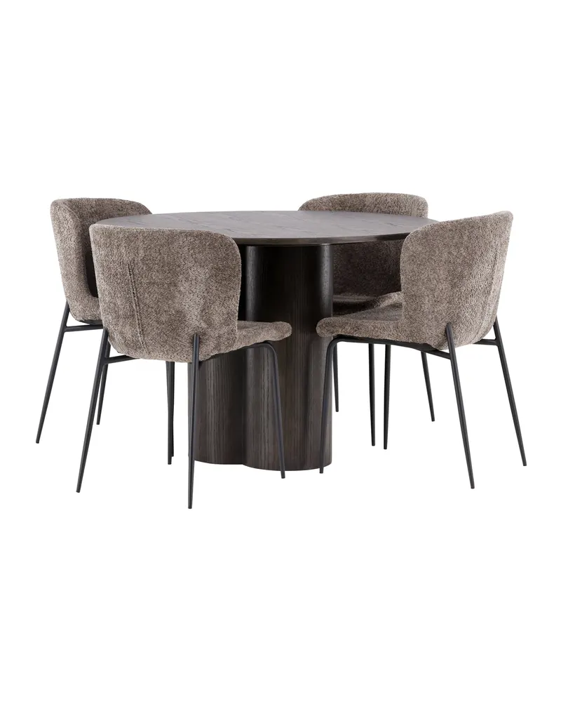 Olivia & Modesto Essgruppe mit rundem Esstisch und 4 Bouclé-Stühlen in Mokka, Beige, Gestell Schwarz, Ansicht 8