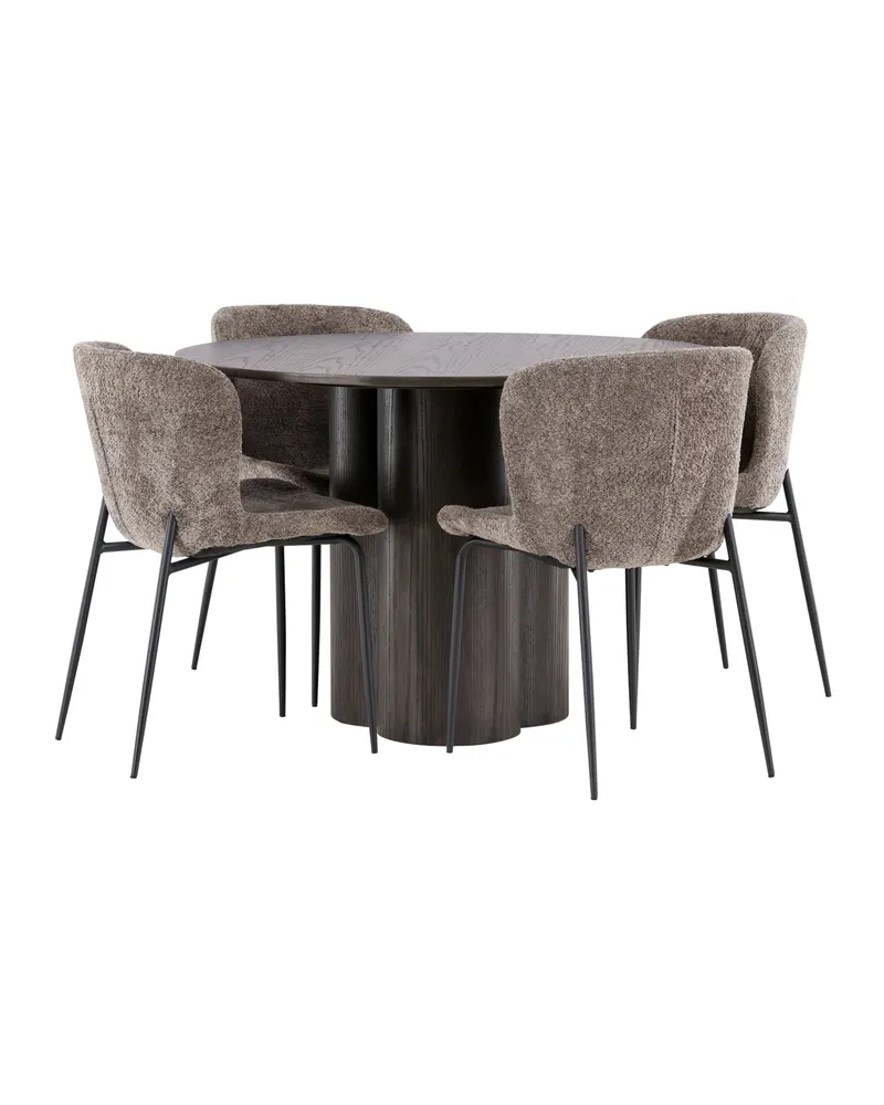 Olivia & Modesto Essgruppe mit rundem Esstisch und 4 Bouclé-Stühlen in Mokka, Beige, Gestell Schwarz, Ansicht 9
