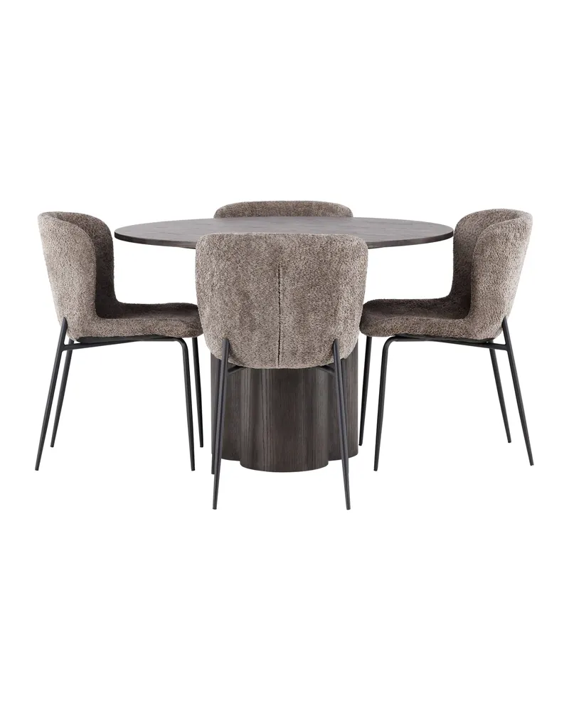 Olivia & Modesto Essgruppe mit rundem Esstisch und 4 Bouclé-Stühlen in Mokka, Beige, Gestell Schwarz, Ansicht 2