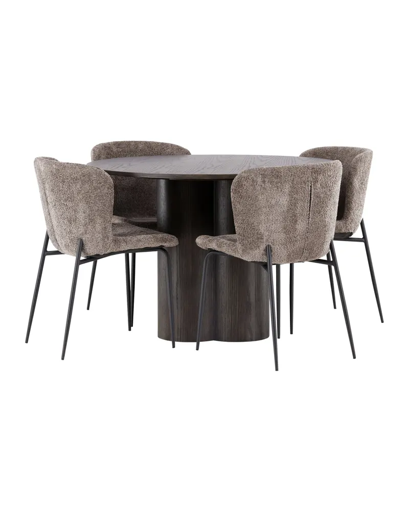 Olivia & Modesto Essgruppe mit rundem Esstisch und 4 Bouclé-Stühlen in Mokka, Beige, Gestell Schwarz, Ansicht 3