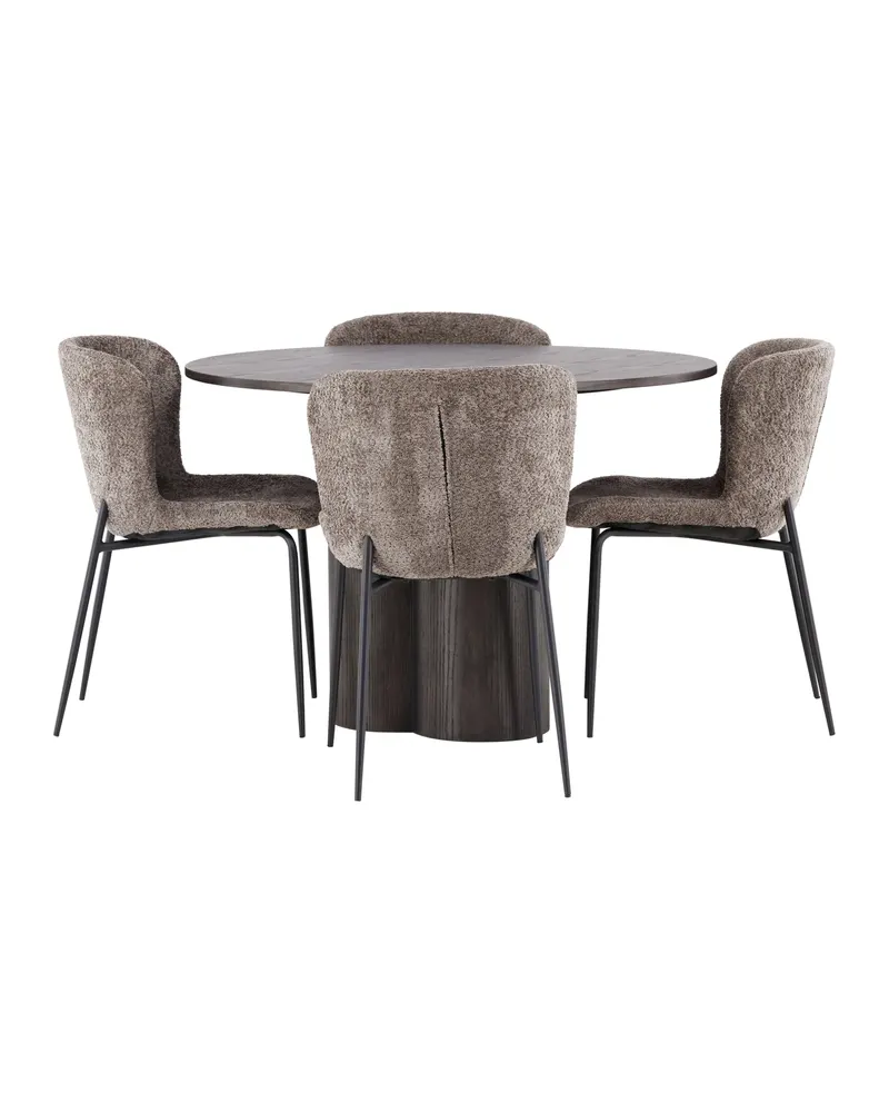 Olivia & Modesto Essgruppe mit rundem Esstisch und 4 Bouclé-Stühlen in Mokka, Beige, Gestell Schwarz, Ansicht 4