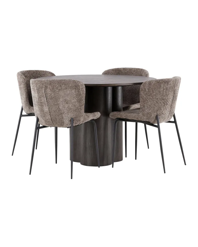 Olivia & Modesto Essgruppe mit rundem Esstisch und 4 Bouclé-Stühlen in Mokka, Beige, Gestell Schwarz, Ansicht 5