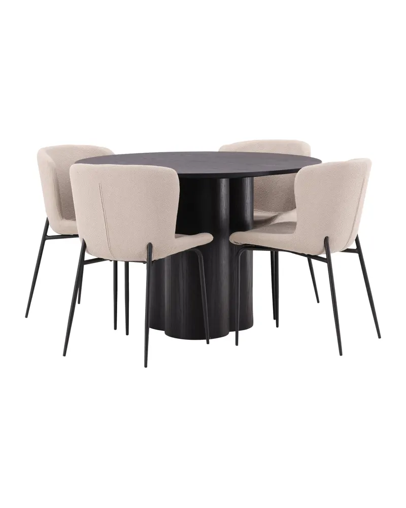 Olivia & Modesto Essgruppe mit rundem Esstisch und 4 Bouclé-Stühlen in Schwarz, Beige, Gestell Schwarz, Ansicht 1