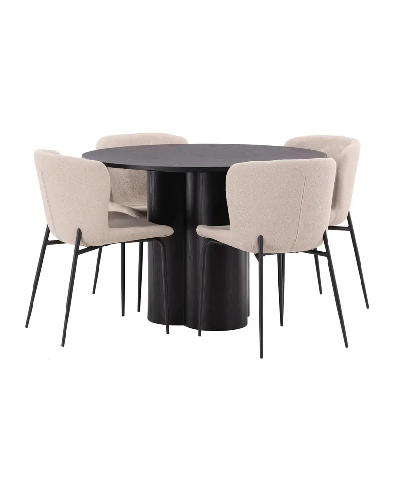 Olivia & Modesto Essgruppe mit rundem Esstisch und 4 Bouclé-Stühlen in Schwarz, Beige, Gestell Schwarz, Ansicht 8
