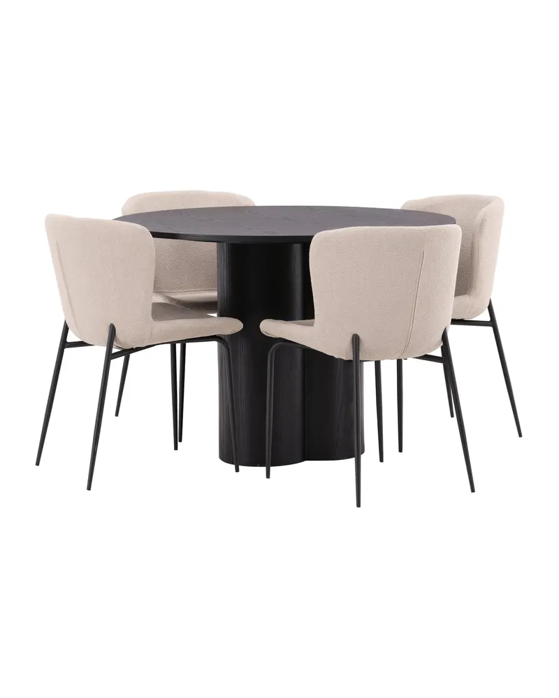 Olivia & Modesto Essgruppe mit rundem Esstisch und 4 Bouclé-Stühlen in Schwarz, Beige, Gestell Schwarz, Ansicht 12