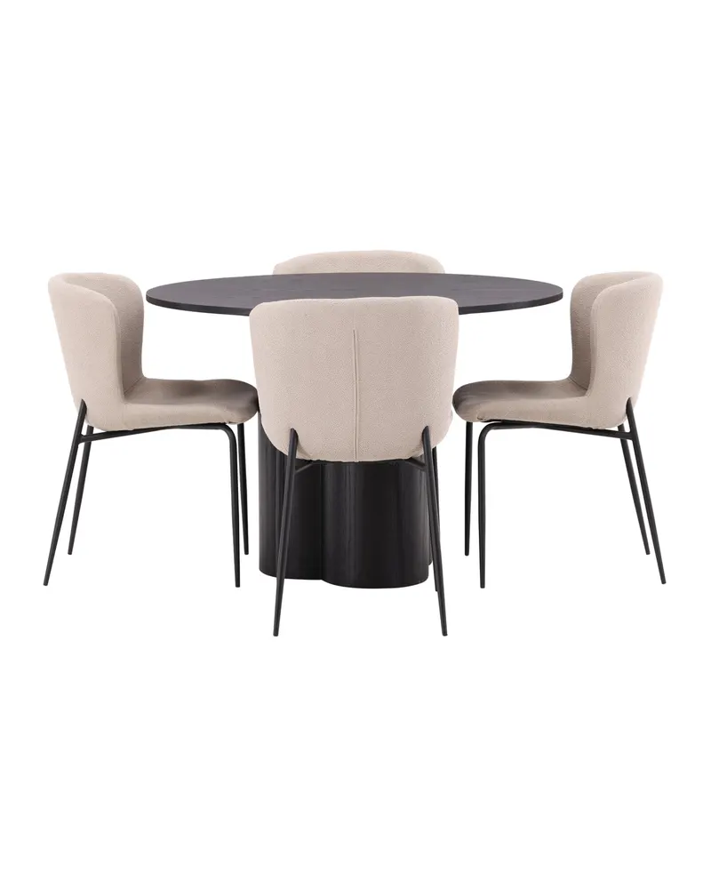 Olivia & Modesto Essgruppe mit rundem Esstisch und 4 Bouclé-Stühlen in Schwarz, Beige, Gestell Schwarz, Ansicht 2