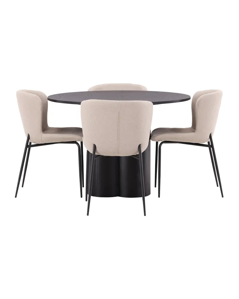 Olivia & Modesto Essgruppe mit rundem Esstisch und 4 Bouclé-Stühlen in Schwarz, Beige, Gestell Schwarz, Ansicht 3