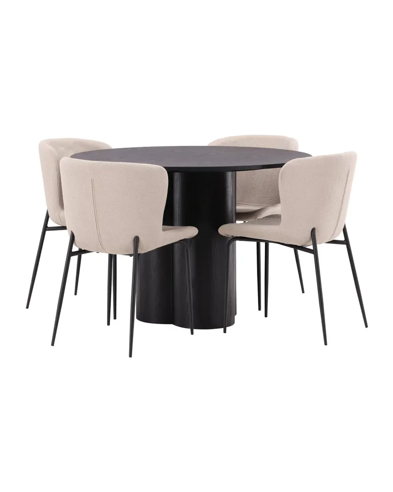Olivia & Modesto Essgruppe mit rundem Esstisch und 4 Bouclé-Stühlen in Schwarz, Beige, Gestell Schwarz, Ansicht 4