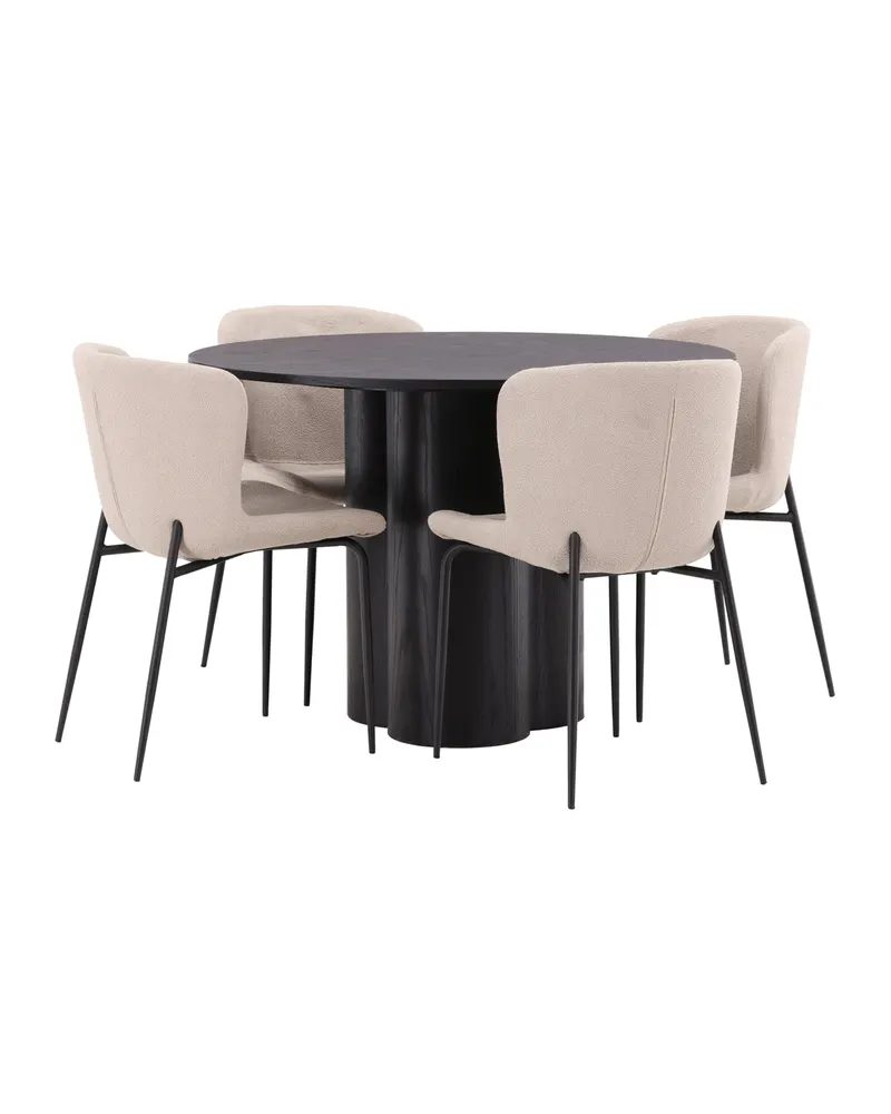 Olivia & Modesto Essgruppe mit rundem Esstisch und 4 Bouclé-Stühlen in Schwarz, Beige, Gestell Schwarz, Ansicht 5
