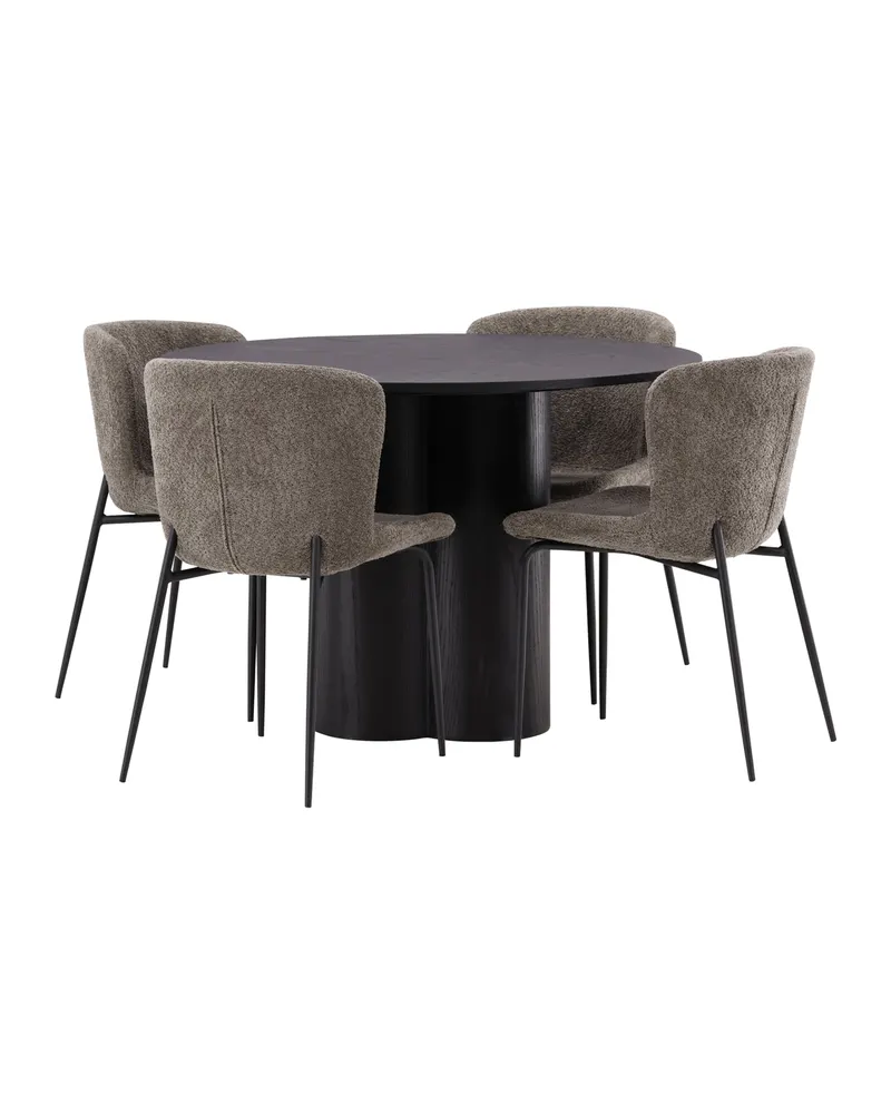 Olivia & Modesto Essgruppe mit rundem Esstisch und 4 Bouclé-Stühlen in Schwarz, Braun, Gestell Schwarz, Ansicht 1