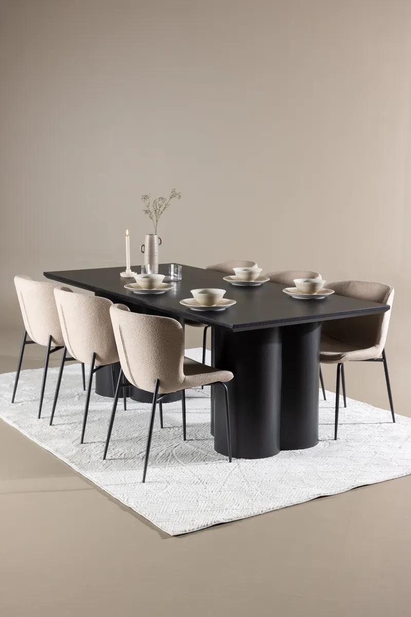 Olivia & Modesto Essgruppe mit rechteckigem Esstisch und 6 Polsterstühlen in Schwarz, Beige, Gestell Schwarz, im Wohnraum, Ansicht 1