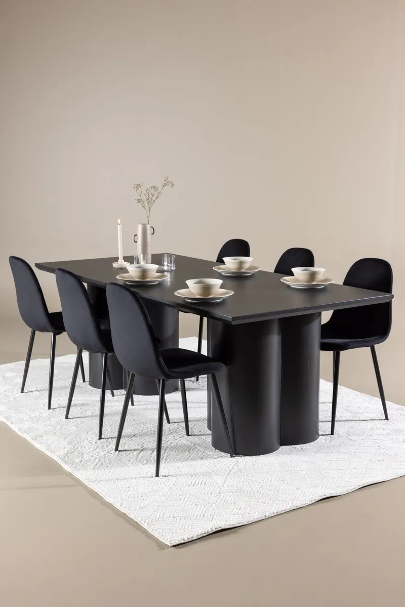 Olivia & Polar Essgruppe mit rechteckigem Esstisch und 6 Samtstühlen in Schwarz, im Wohnraum, Ansicht 1