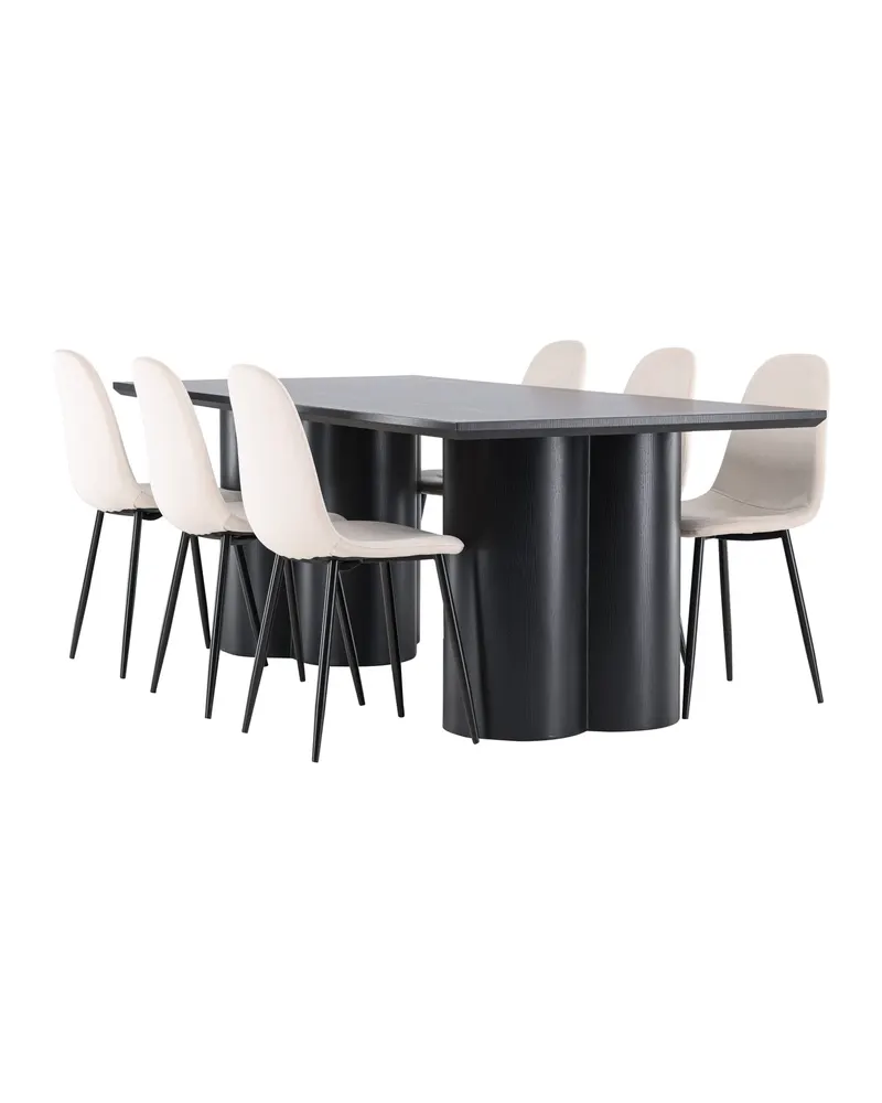 Olivia & Polar Essgruppe mit rechteckigem Esstisch und 6 Samtstühlen in Schwarz, Beige, Gestell Schwarz, Ansicht 1