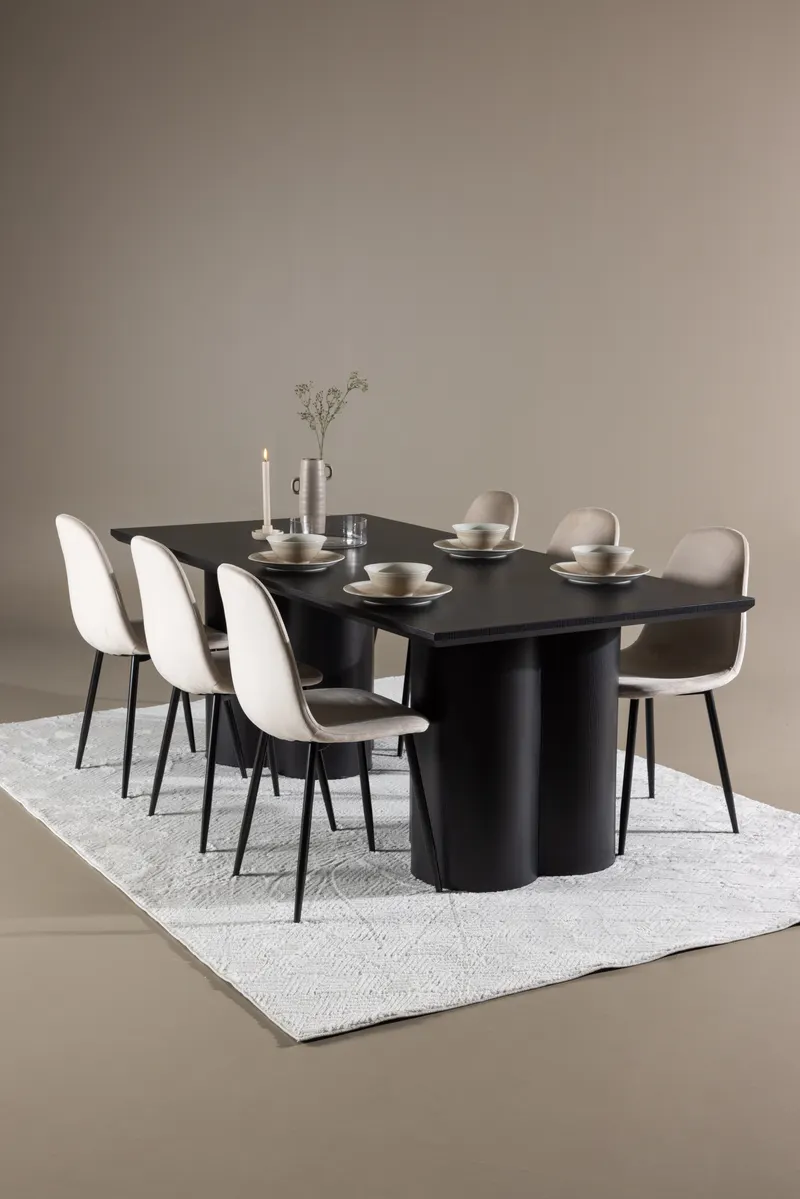 Olivia & Polar Essgruppe mit rechteckigem Esstisch und 6 Samtstühlen in Schwarz, Beige, Gestell Schwarz, im Wohnraum, Ansicht 1