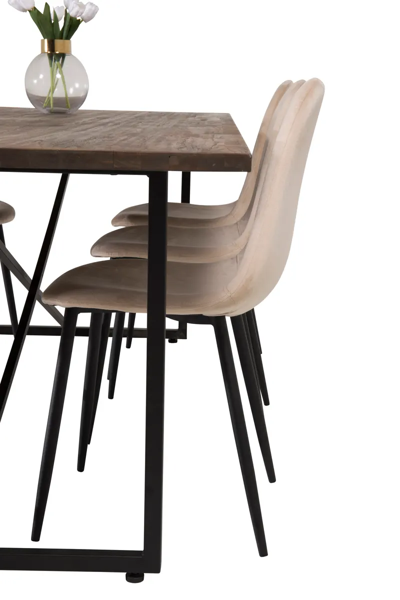 Padang & Polar Essgruppe mit Teak-Esstisch und 6 Polsterstühlen in Beige, Gestell Schwarz