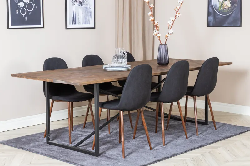 Padang & Polar Essgruppe mit Teak-Esstisch und 6 Polsterstühlen in Schwarz, Gestell Walnuss, im Wohnraum, Ansicht 2