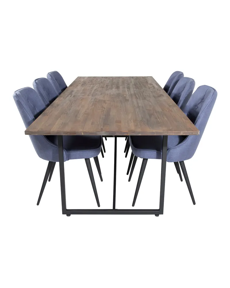 Padang & Velvet Deluxe Essgruppe mit Teak-Esstisch und 6 Stühlen mit Knopfheftung in Blau, Gestell Schwarz, Ansicht 1