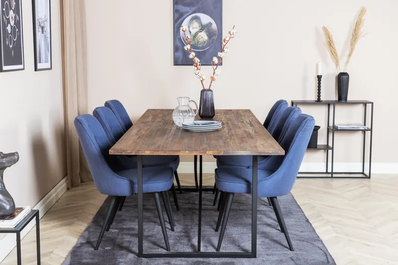 Padang & Velvet Deluxe Essgruppe mit Teak-Esstisch und 6 Stühlen mit Knopfheftung in Blau, Gestell Schwarz, im Wohnraum, Ansicht 1
